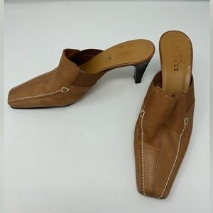 Sesto Meucci Sz 10 Slide Heels Mules Tobacco Leather Contrast Top Stitch